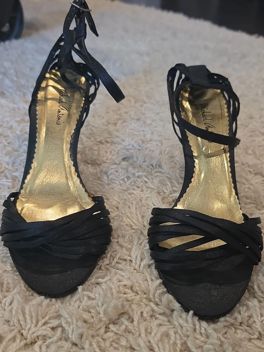 Michael Antonio Black Strappy Heeled Sandals with Gold Insole
